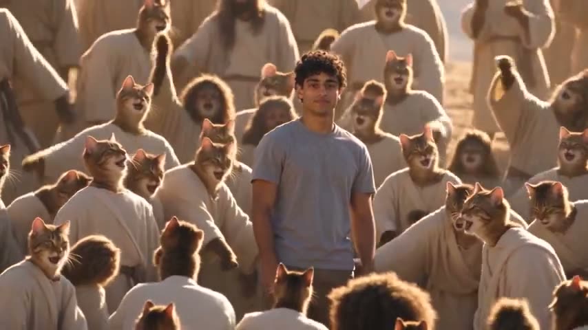 Sample 1: a young man in a grey T-shirt stands still in the middle of a cat choir in beige robes