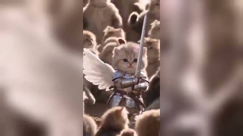 Sample 3: a kitten in armor with angel wings in the middle of a crowd of fluffy cats